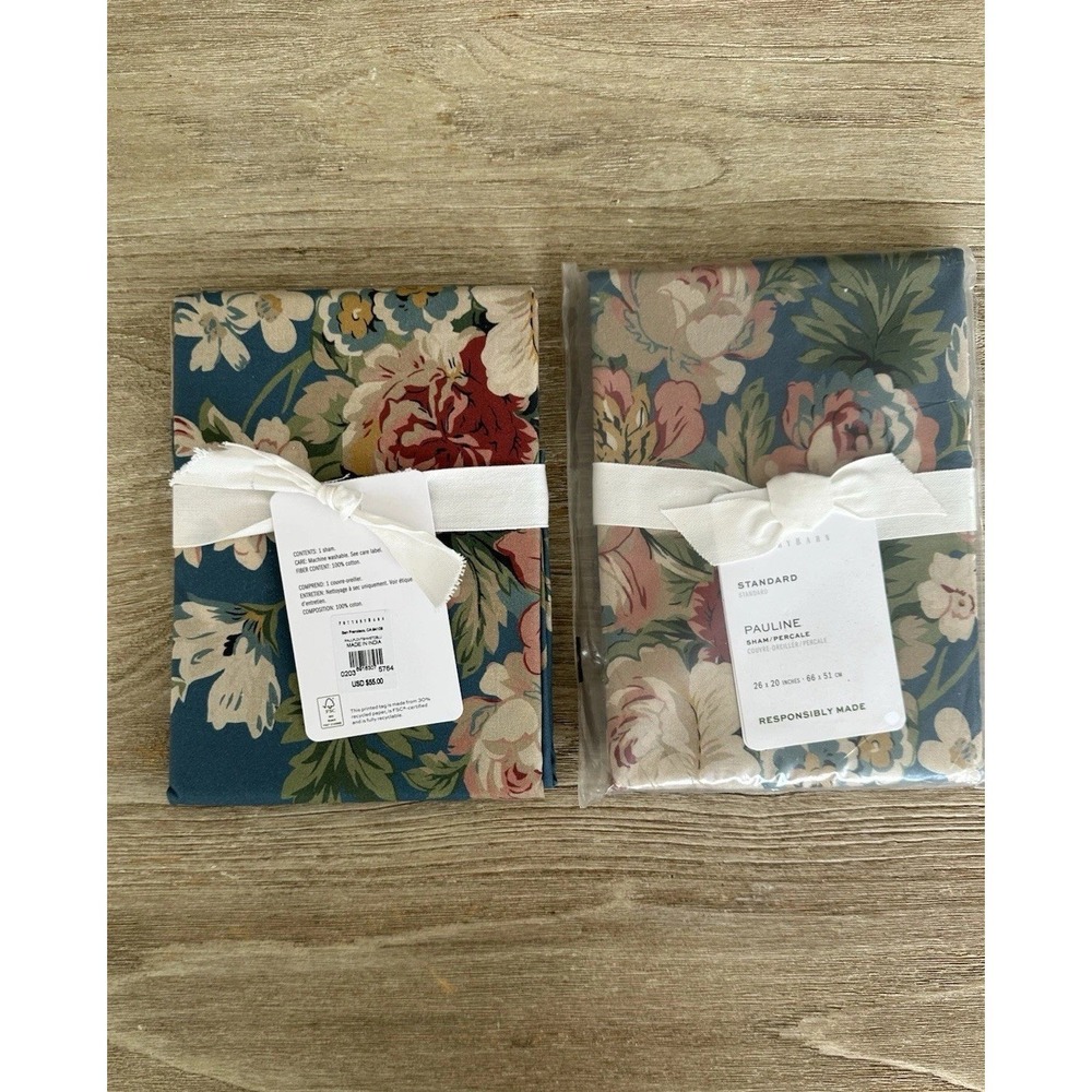 NWT Pottery Barn Pauline Floral Standard Sham Pair Set Cotton Percale Blue 20x26